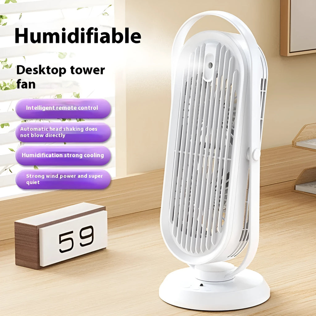 White USB tower fan with humidifier and remote control on a desk