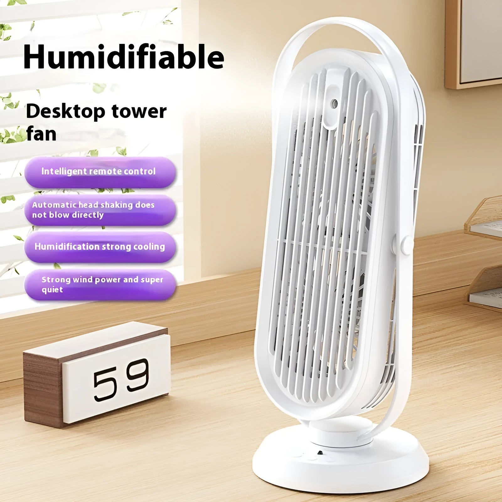 White USB tower fan with humidifier and remote control on a desk