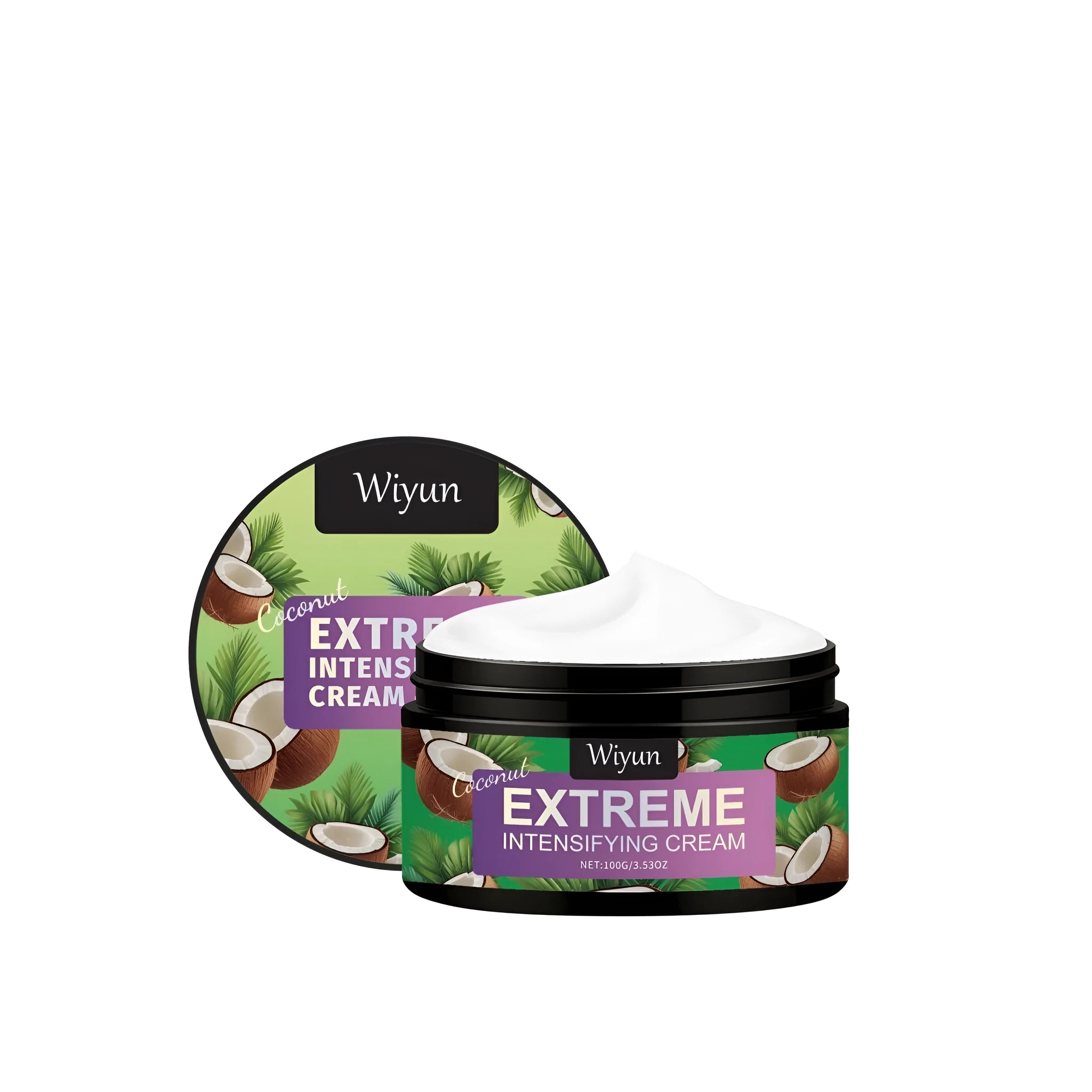 Caramel coloured Coconut Extreme Intensifying Cream hair styling gel in container.