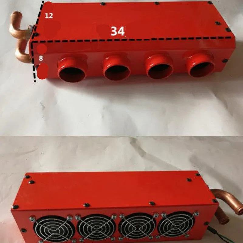 Metal car heater with four-hole copper pipe construction measuring 34cm long