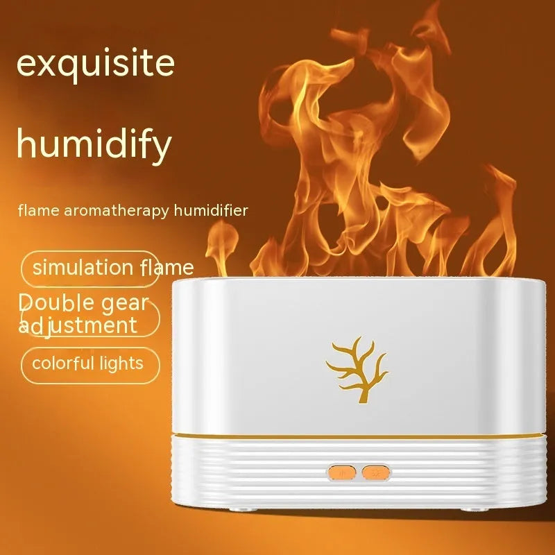 Square flame humidifier with LED fire effect showing mist output