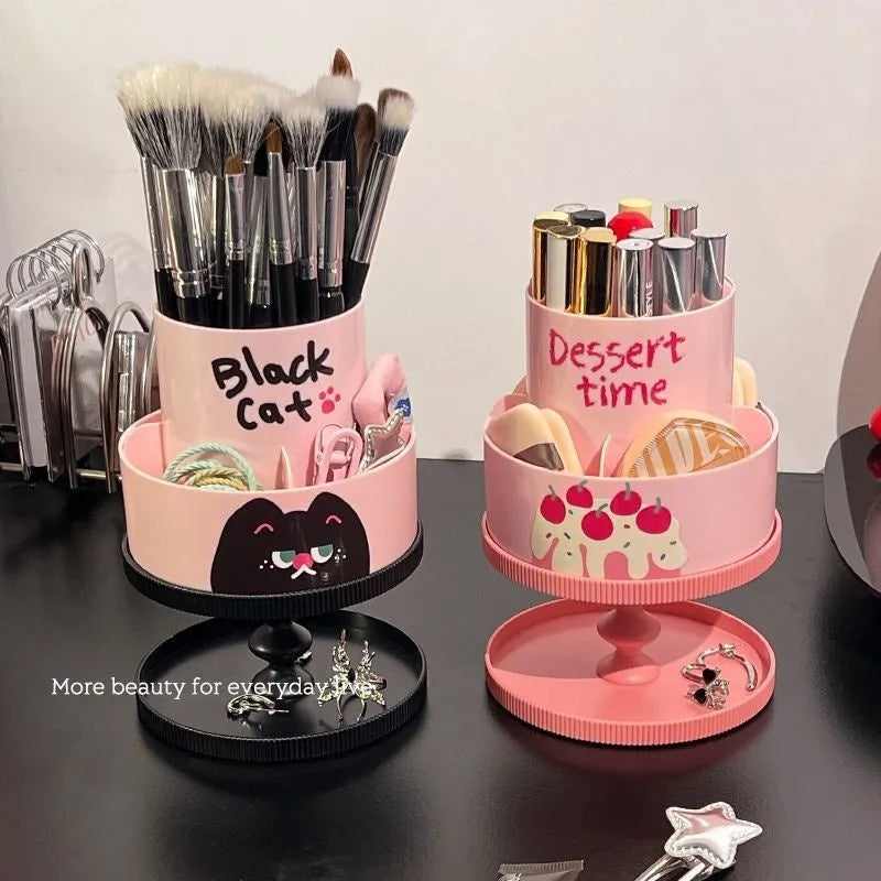 Rotating Japanese-style cosmetic brush storage barrel with 18L capacity in beige, shown with included rack.