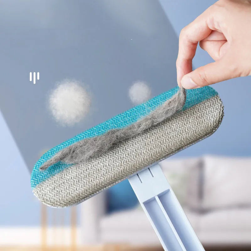 Multifunctional 4-in-1 cleaning brush with flannel head and extension handle for pet hair and screen cleaning.