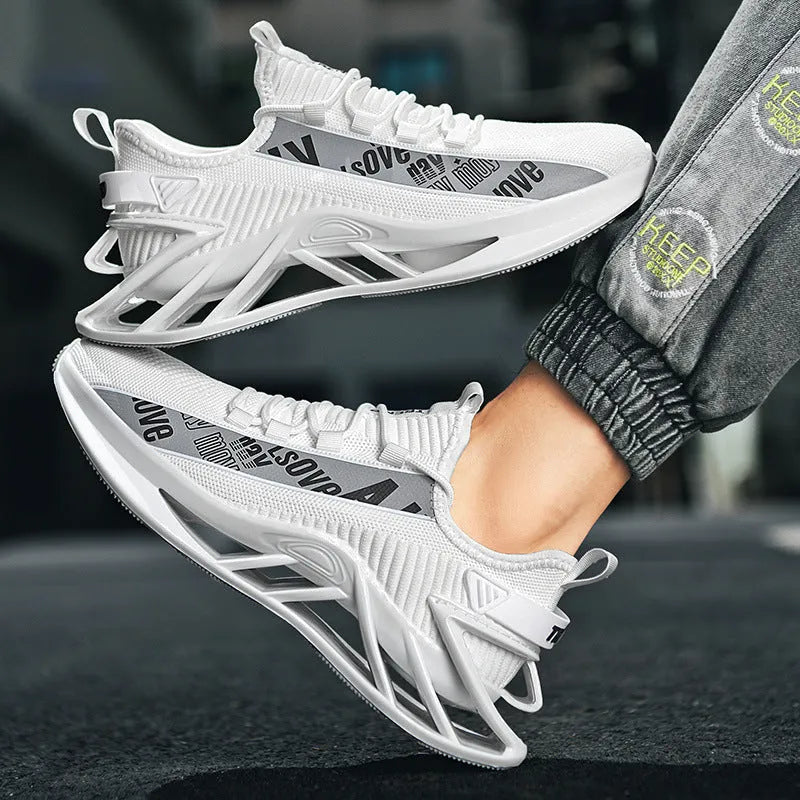 Men's casual breathable shoes with a fly woven mesh upper in a solid colour.