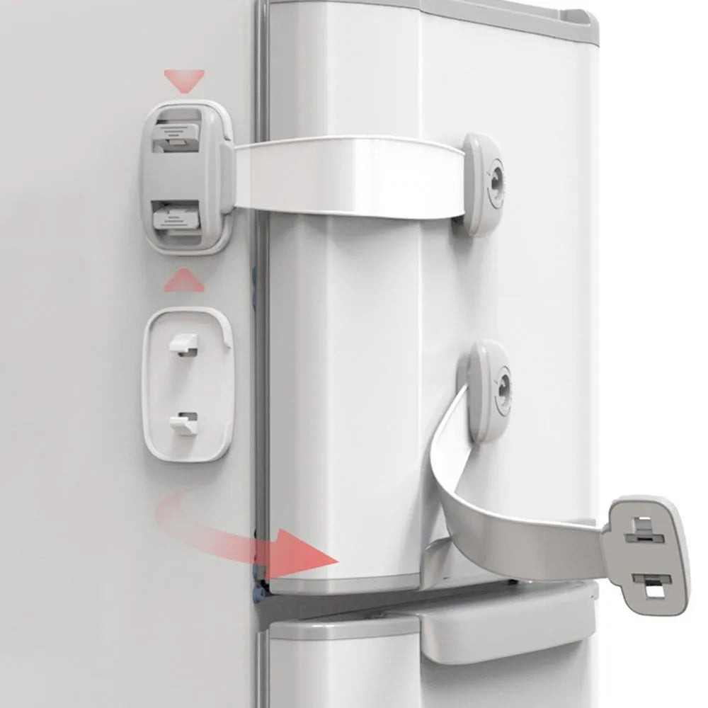 Adjustable grey child safety lock strap installed on a cabinet door