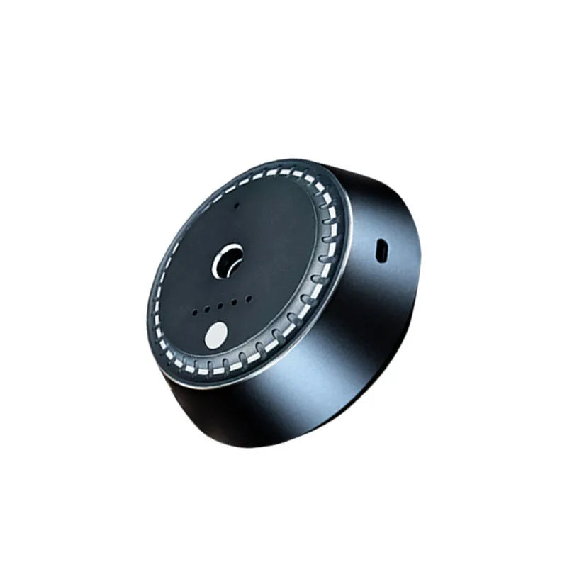 Black metal car aroma diffuser with USB charging port and compact 9x4.5cm dimensions