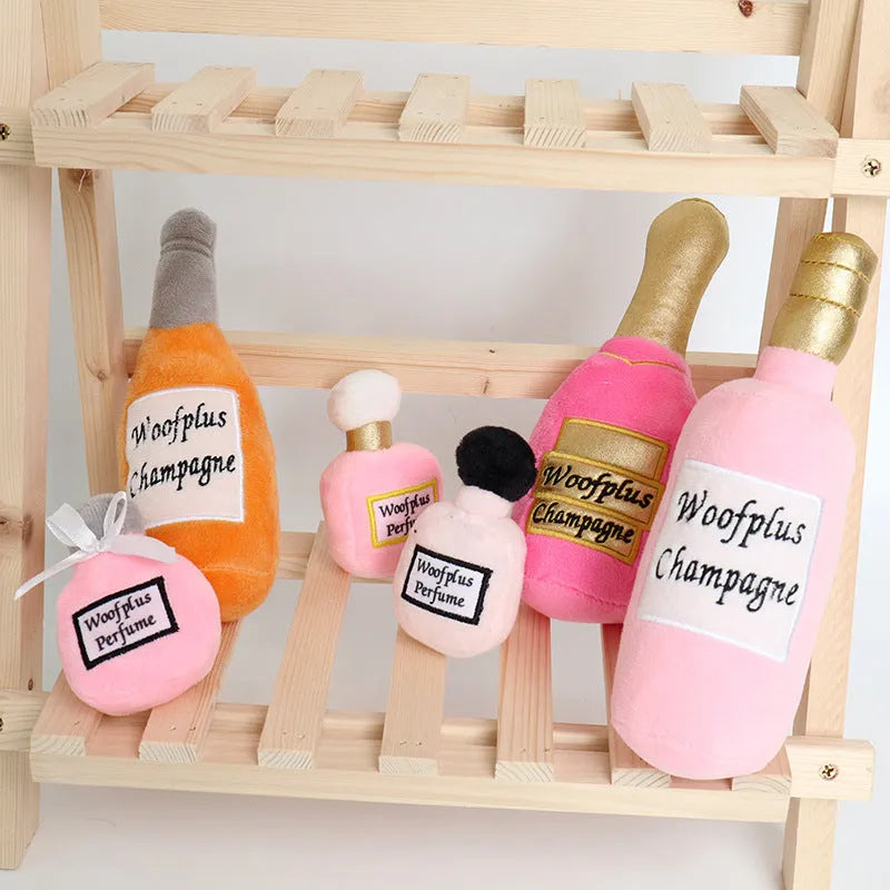 Plush wine bottle shaped dog toy in assorted colours with soft textile material