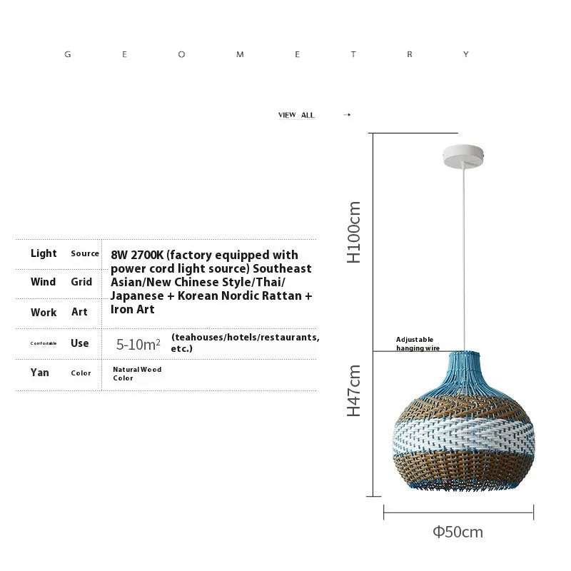 Vine woven pendant lamp in pastoral Southeast Asian style with warm LED lighting