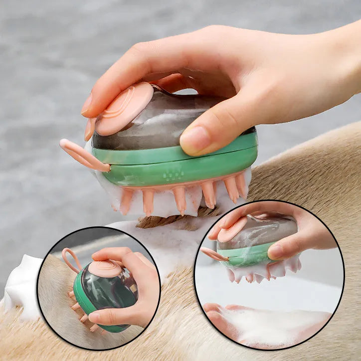 Blue and green pet grooming brush with shampoo dispenser and silicone massage bristles for dogs and cats