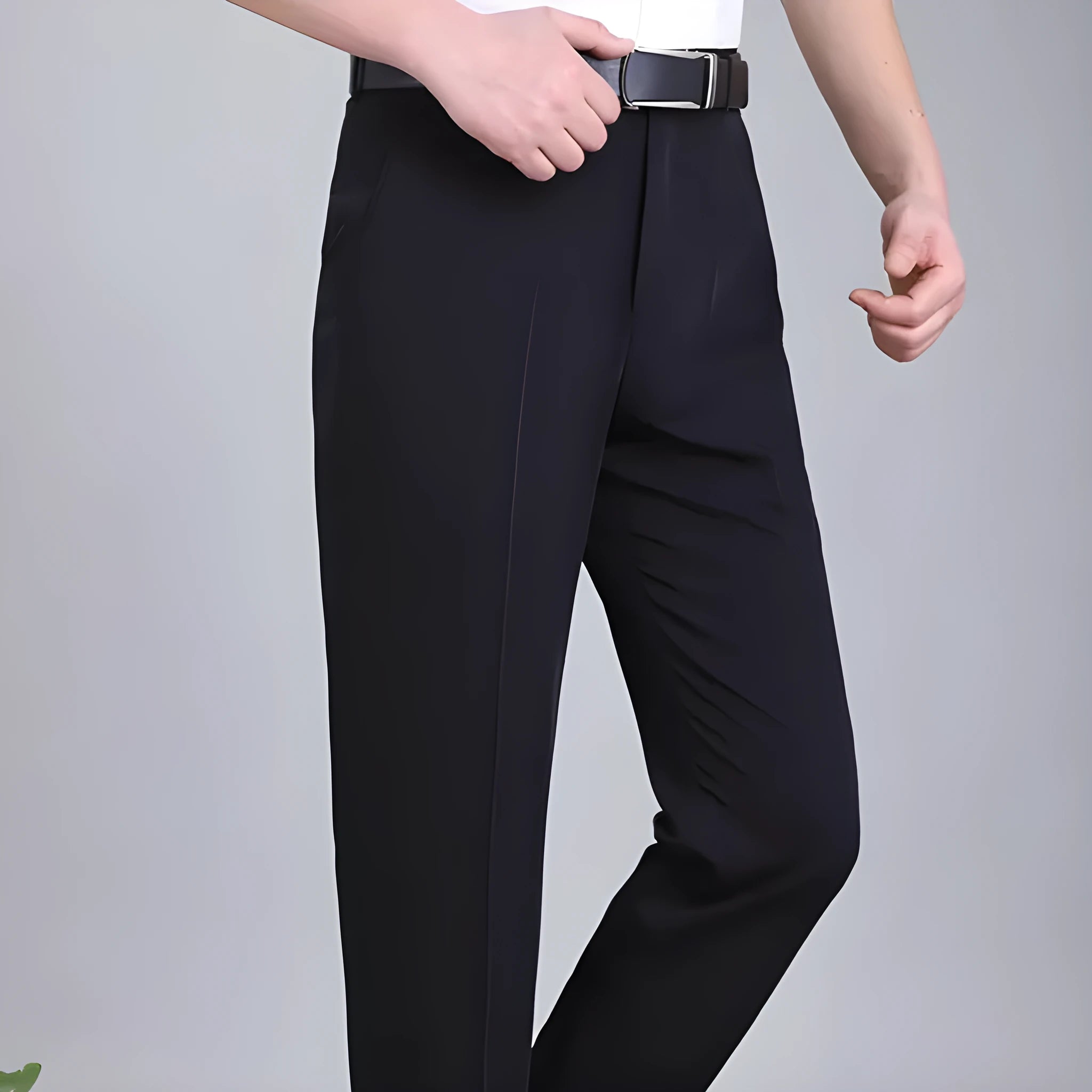 Men's straight-leg suit trousers in a mulberry silk blend fabric, shown in dark blue on a hanger.