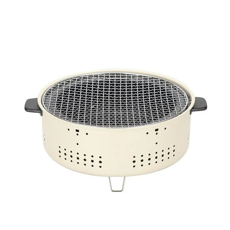 Portable charcoal cooking stove with grill rack disk for indoor and outdoor use.