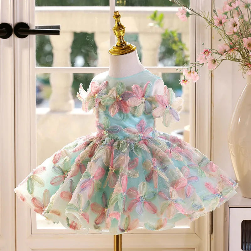 Blue green children's polyester princess dress for piano performances with no-liner skirt, available in sizes 80-160cm