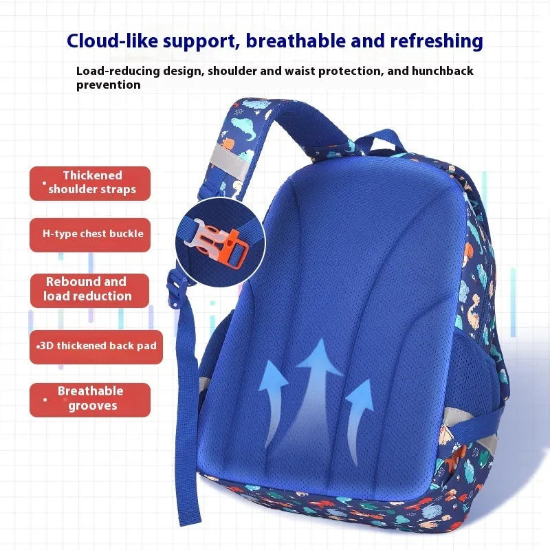 Children's blue dinosaur print waterproof school backpack with curved straps on a white background.
