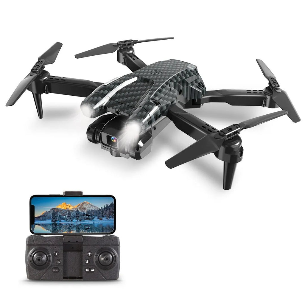 S138 black folding UAV drone with dual cameras and obstacle avoidance sensors, shown in a compact size.