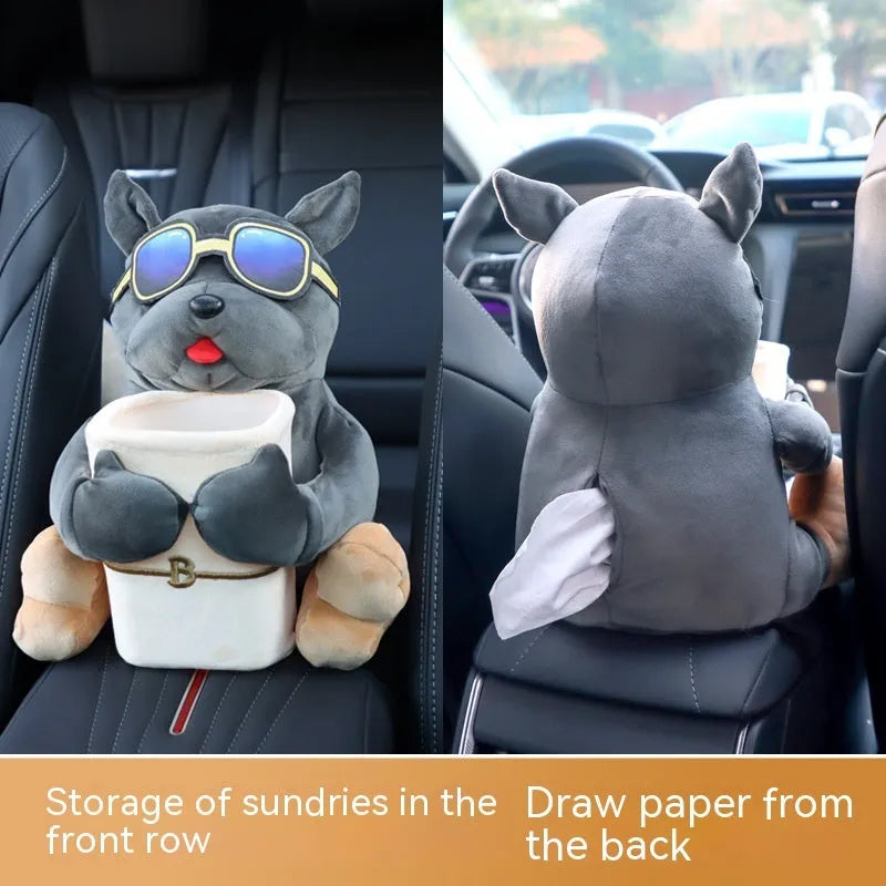 Plush fabric car tissue box with character design hanging from vehicle armrest