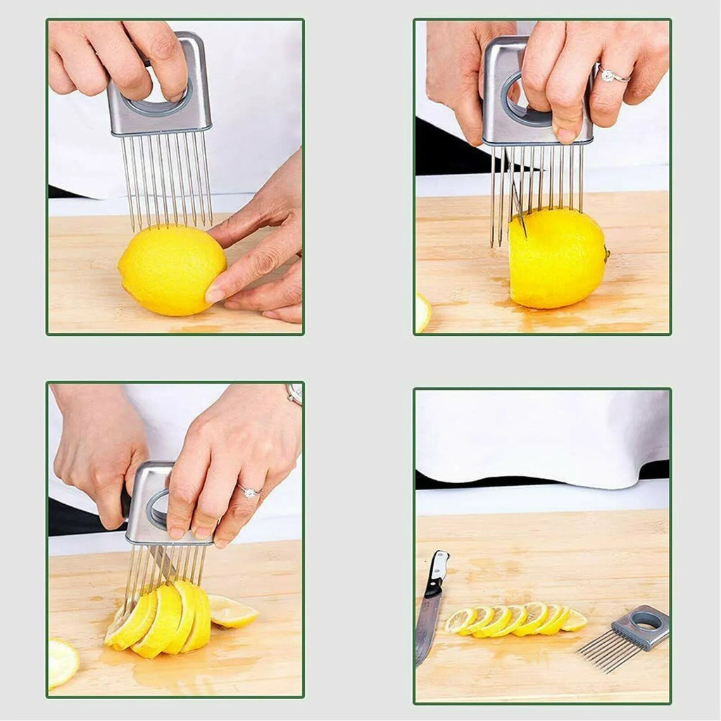 Stainless steel onion holder slicer with prongs and finger guard on a chopping board