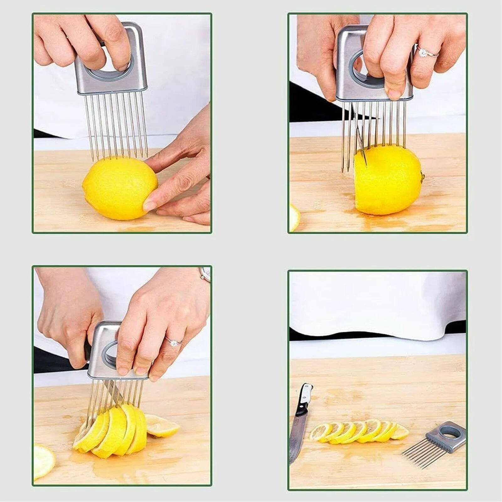 Stainless steel onion holder slicer with prongs and finger guard on a chopping board