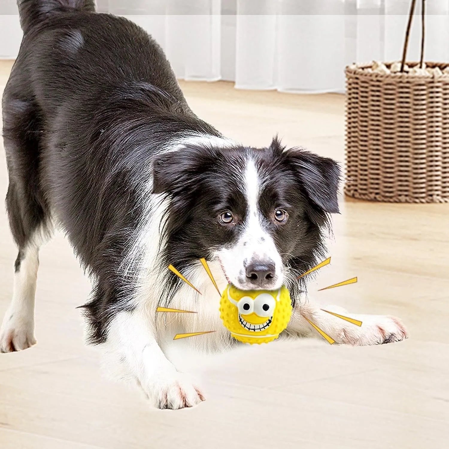 Green latex dog ball with smile face design, suitable for small and medium pets