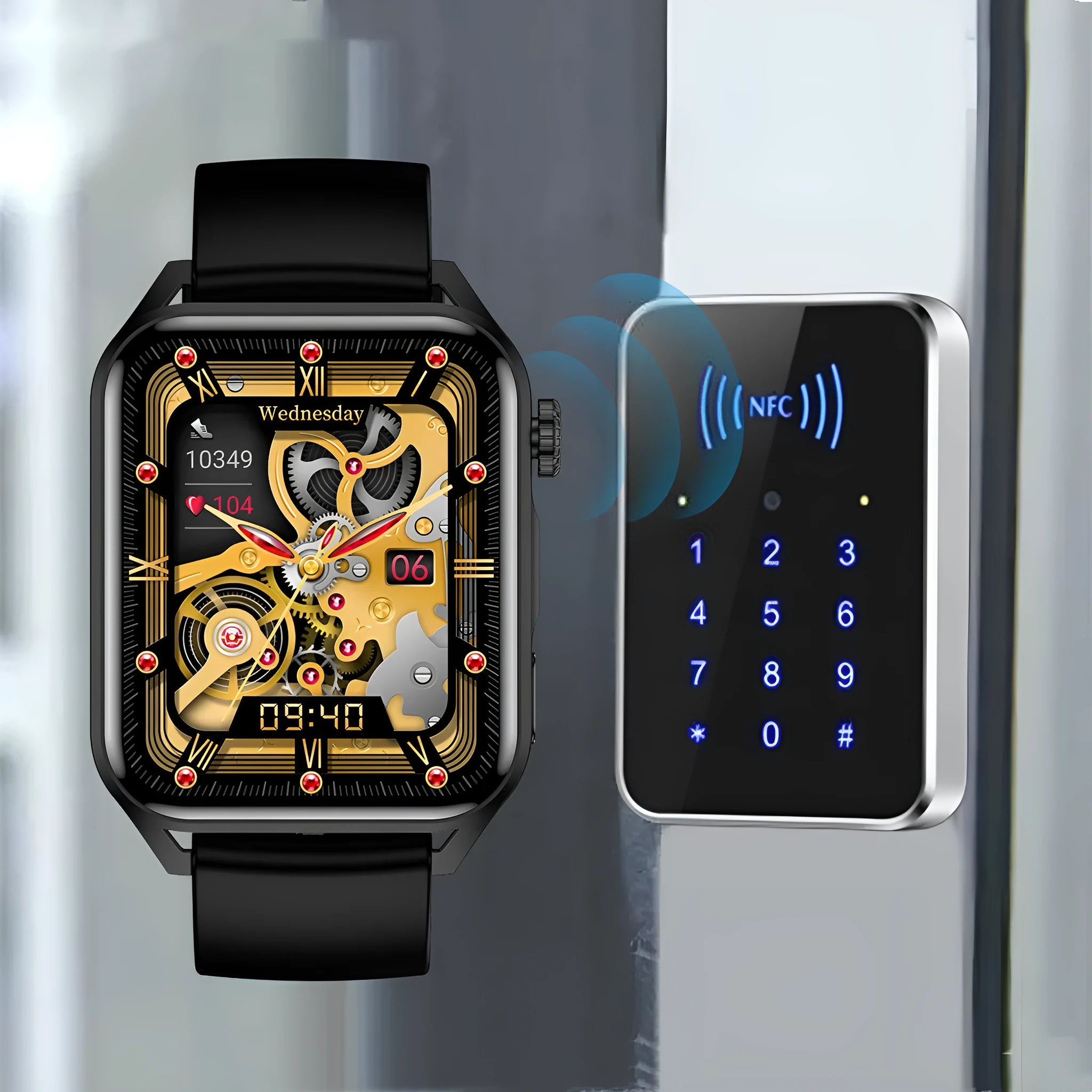Pink smart watch with HD AMOLED screen and silicone strap on a wrist, showing a custom watch face dial.