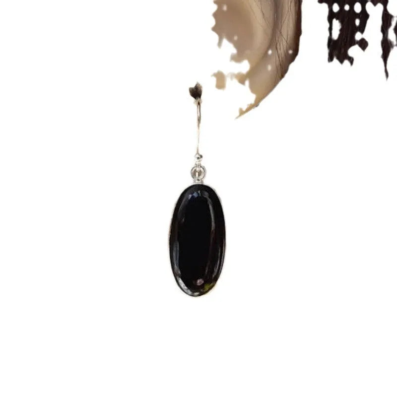 Women's fusion style earrings with oval black agate pendant in electroplated 925 silver geometric setting