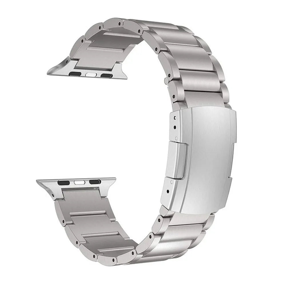 Titanium Apple Watch replacement strap with folding buckle in black and silver options