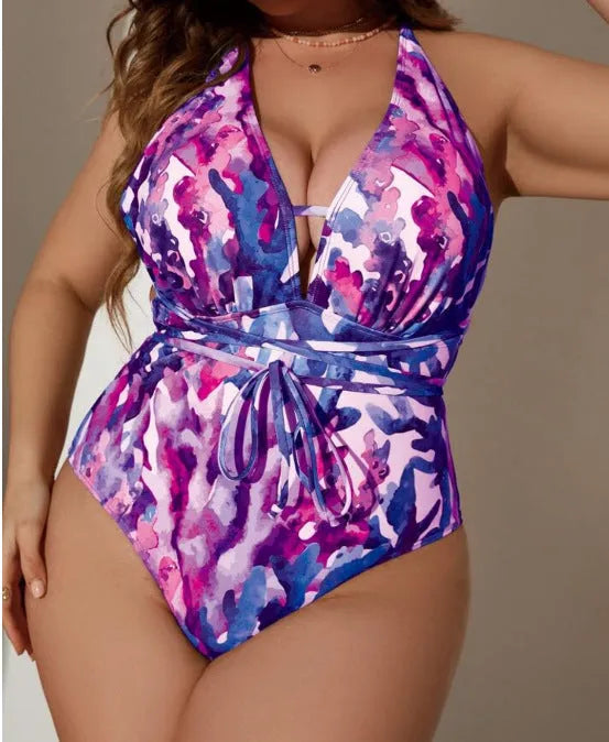 Solid colour one-piece halter bikini swimsuit for women in purple or blue options