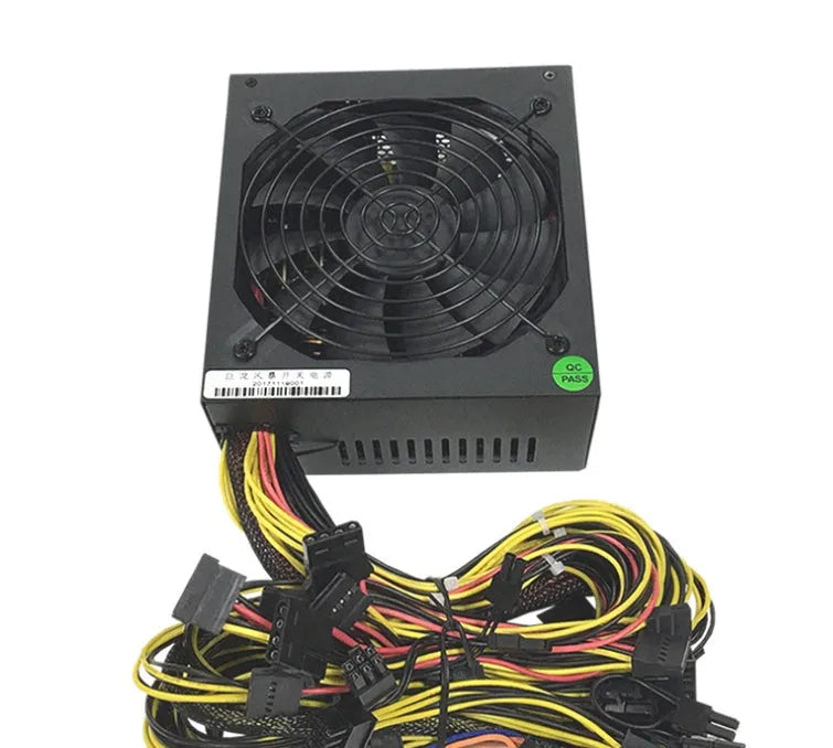 Black high-wattage server power supply unit with multiple PCIe and power connectors.