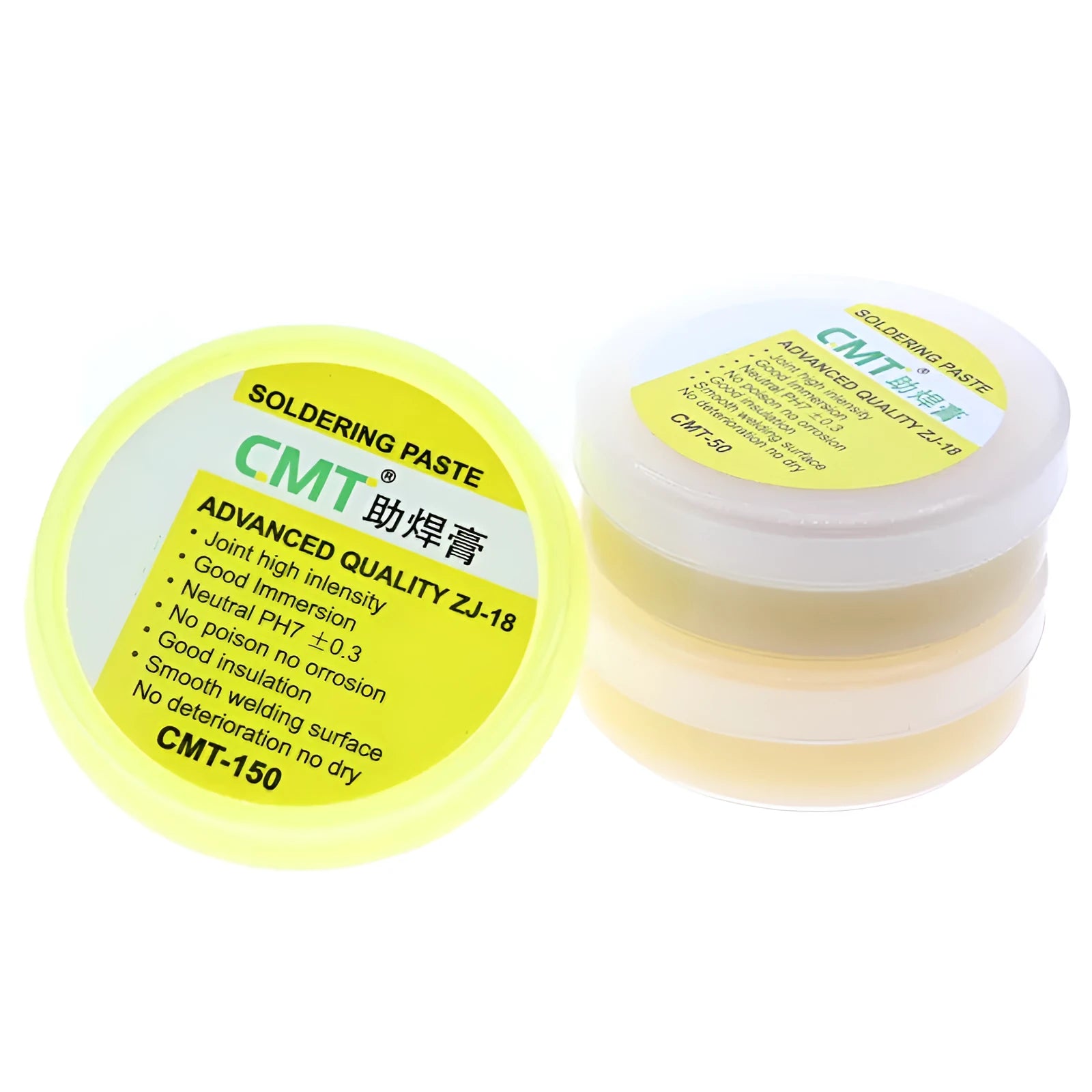 CMT high-purity rosin soldering flux paste in 50g and 85g sizes for electric soldering irons
