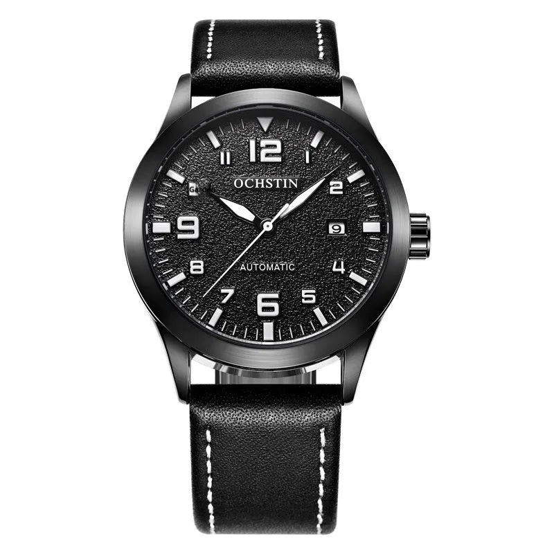 Men's retro automatic watch with leather strap on wrist