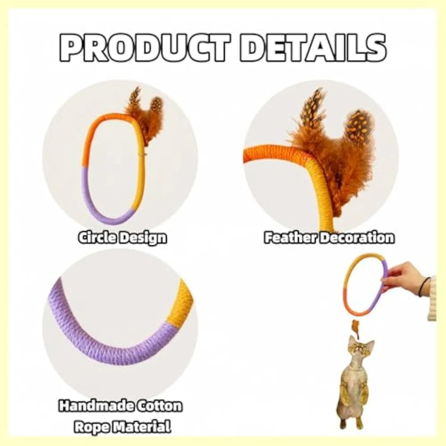 Green circular cotton rope cat toy with feathers and catnip for safe chewing