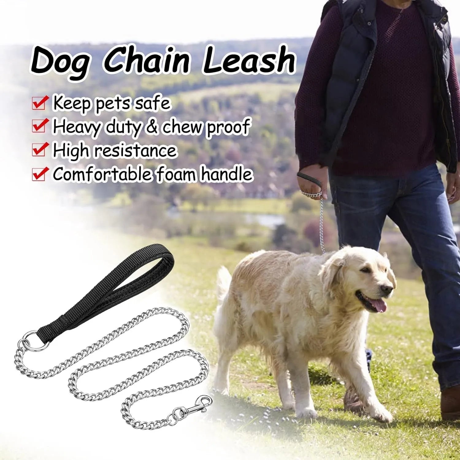 Heavy duty metal dog chain leash with a soft black padded handle, shown at full 120cm length.
