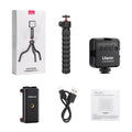 Compact aluminium tripod in folded and extended positions for smartphone vlogging.