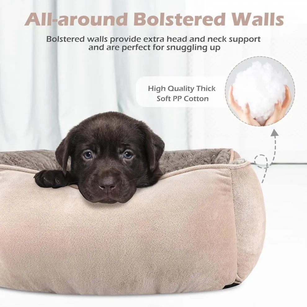 Beige stuffed kennel-style dog bed for a large golden retriever, showing plush nest design.