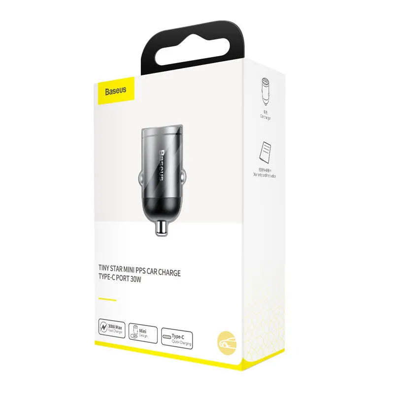 Baseus electro-optical grey 30W USB car charger with 1 metre cable plugged into car socket