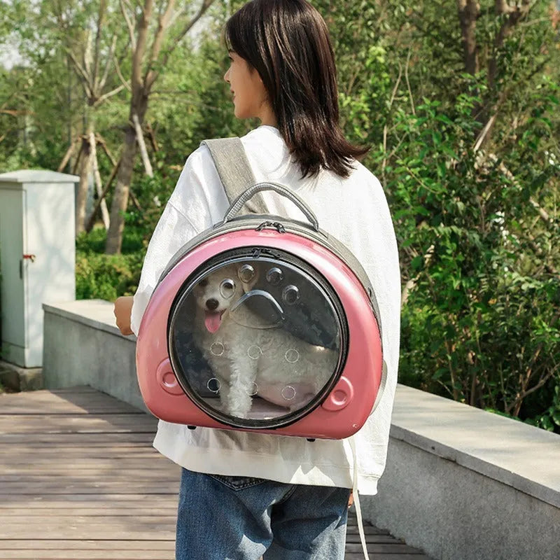 Transparent space capsule cat carrier with removable metallic front cover in pet bag design