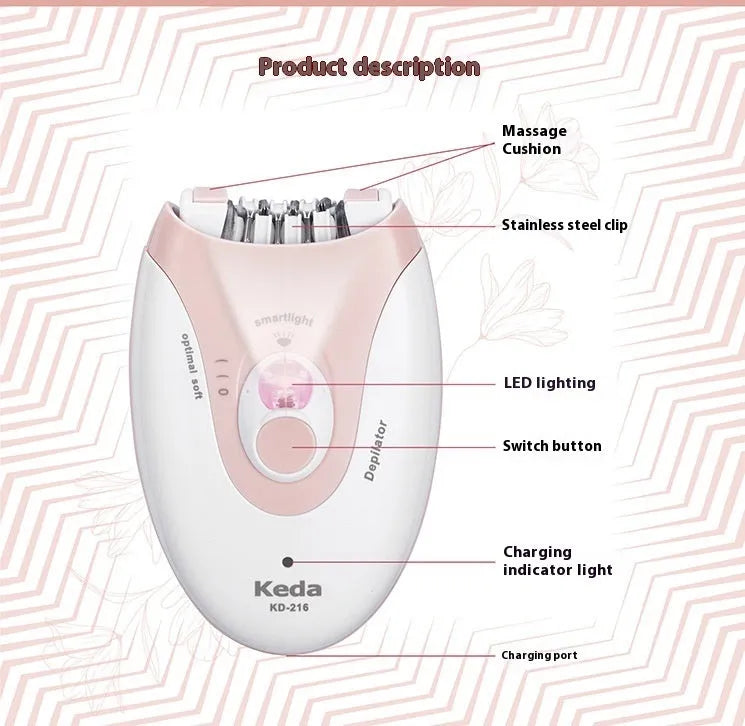 KEDA-216 colour USB electric hair removal device with cleaning brush and charger