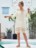 Apricot-coloured women's beach dress with hand-crocheted detailing and polyester lining