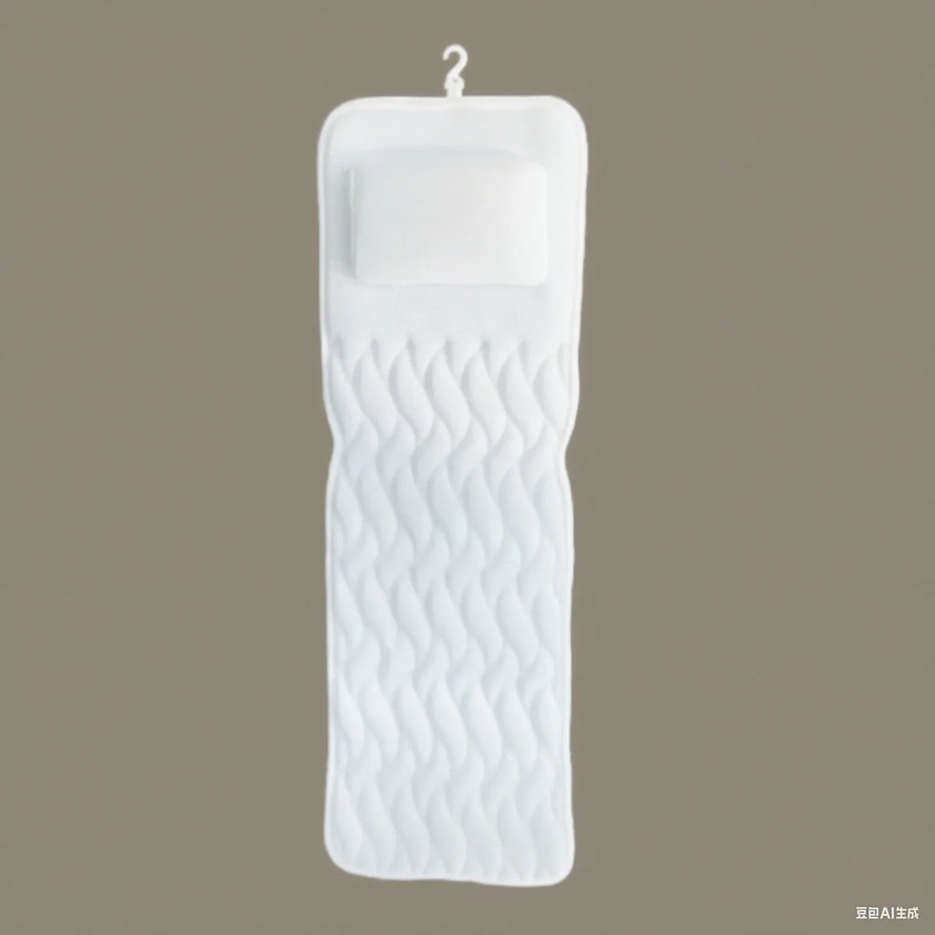 White 4D mesh bathtub pillow with suction cups on a bathtub edge.