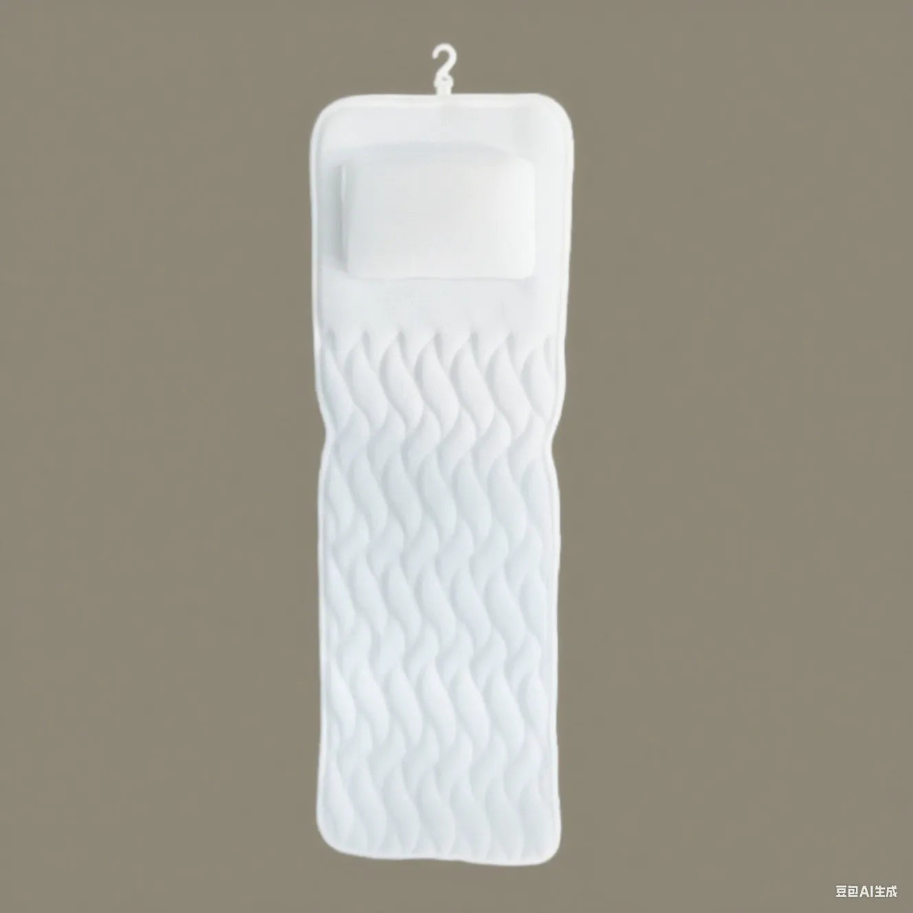 White 4D mesh bathtub pillow with suction cups on a bathtub edge.