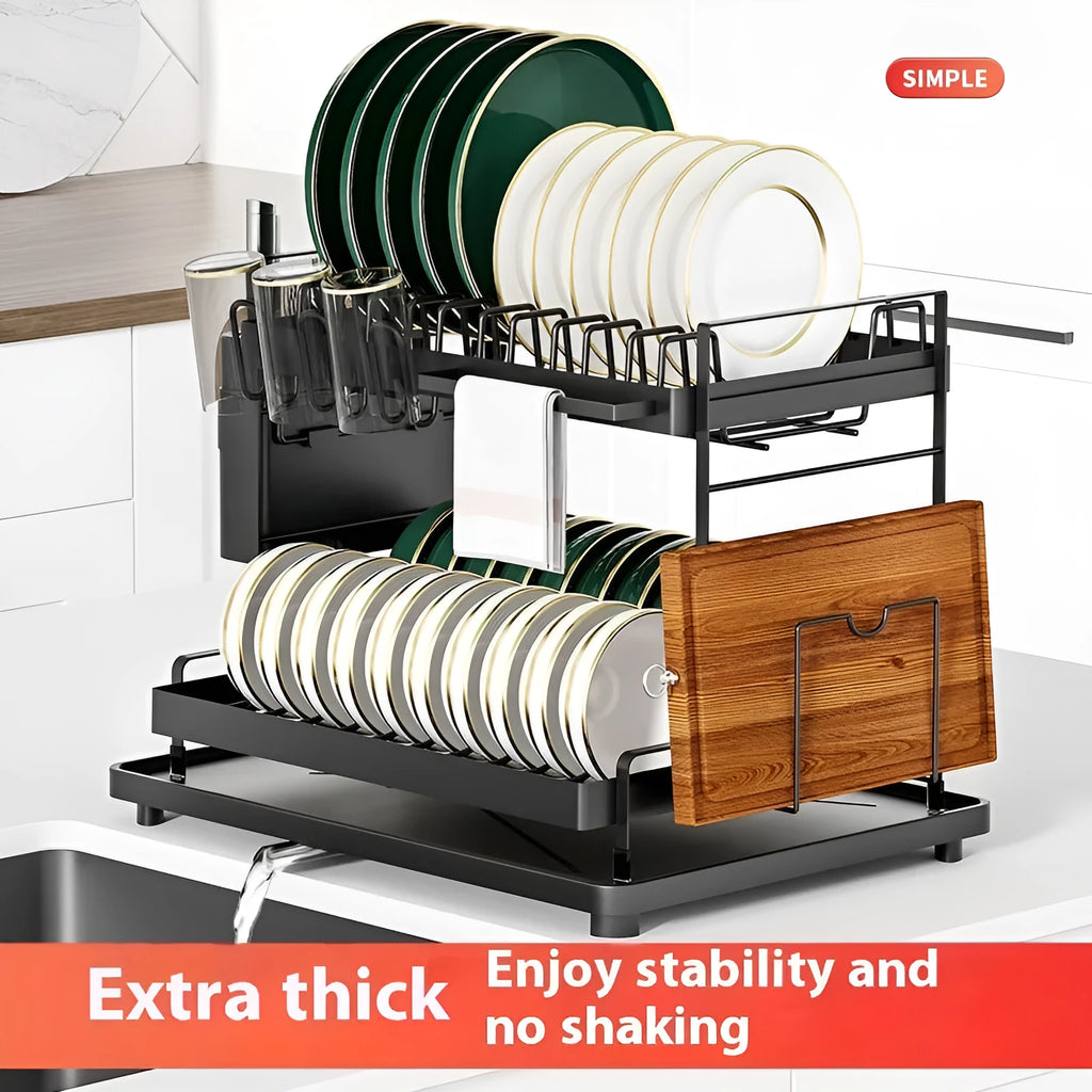 White double-layer kitchen storage rack with removable draining base showing utensil organisation