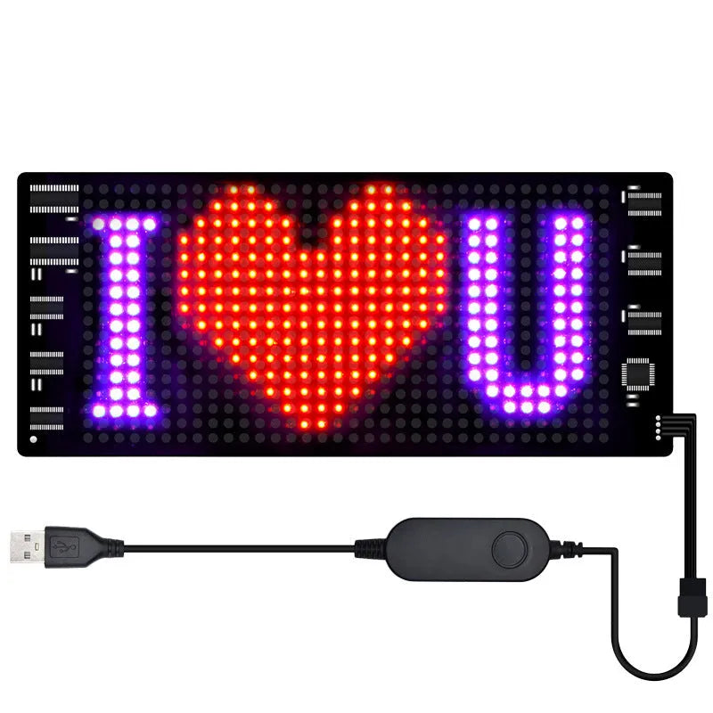 Ultra-thin programmable LED display screen showing custom animated text, bent to demonstrate flexibility.