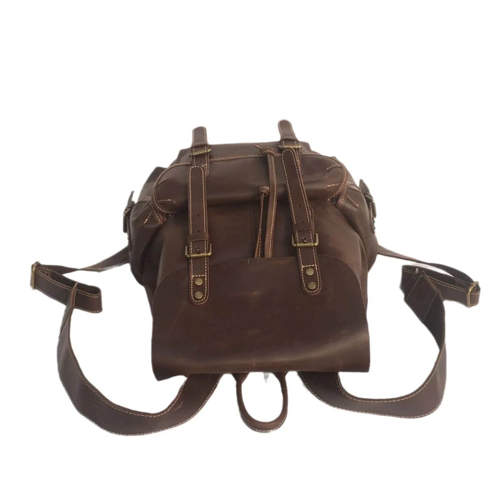 Coffee brown men's genuine leather rucksack with air pillow belt comfort system