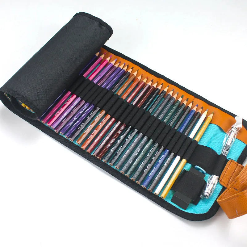 Set of 50 wooden coloured pencils for painting in a basswood storage case, showing vibrant colours.