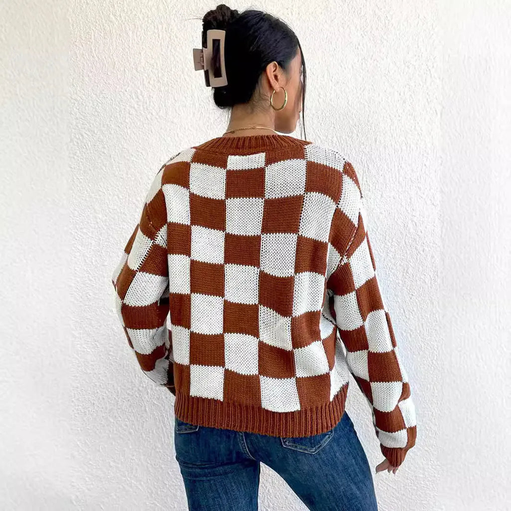 Dark brown acrylic pullover sweater with chessboard plaid pattern and loose fit