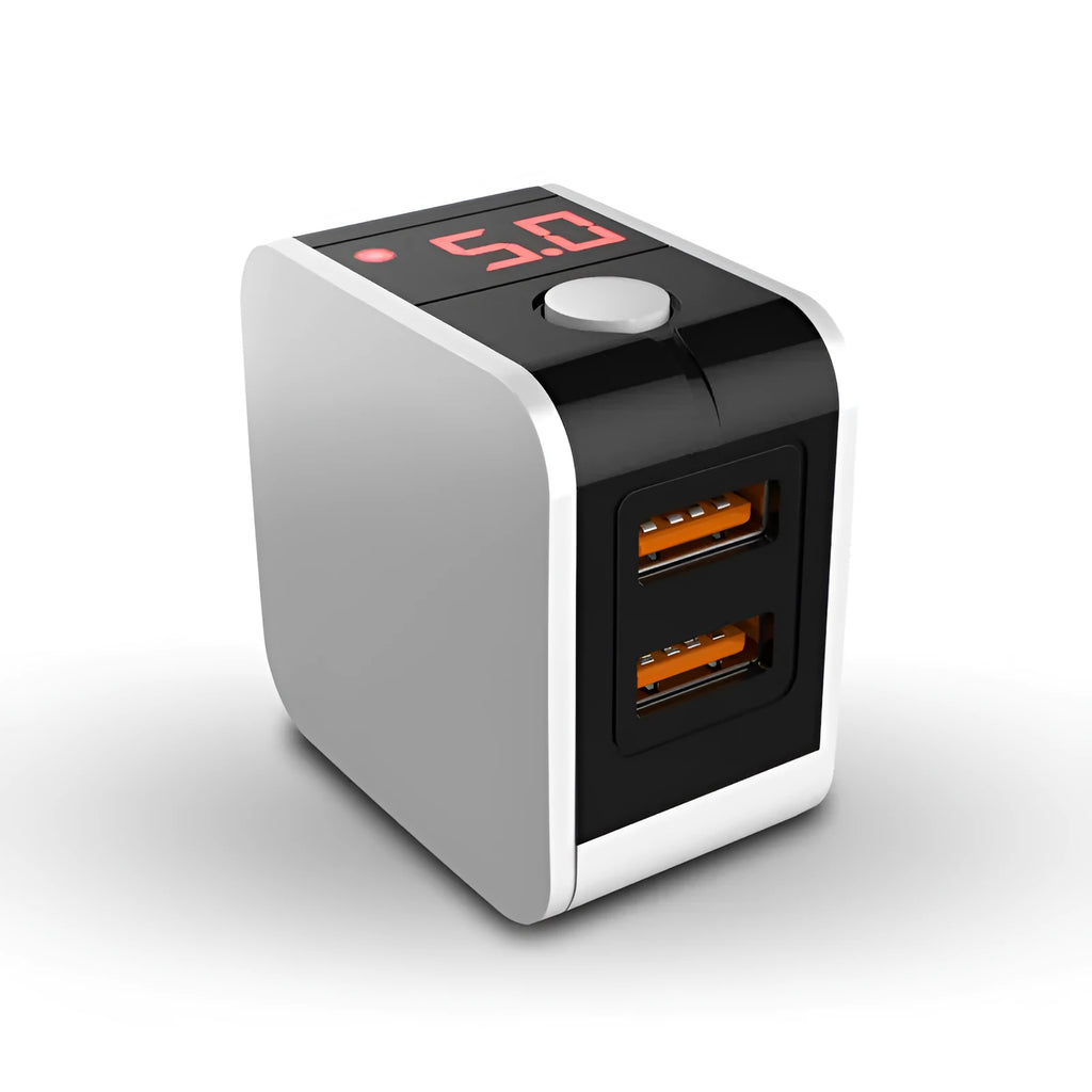 5V2.4A dual USB fast charging travel wall adapter with digital display in black, white and red colour options