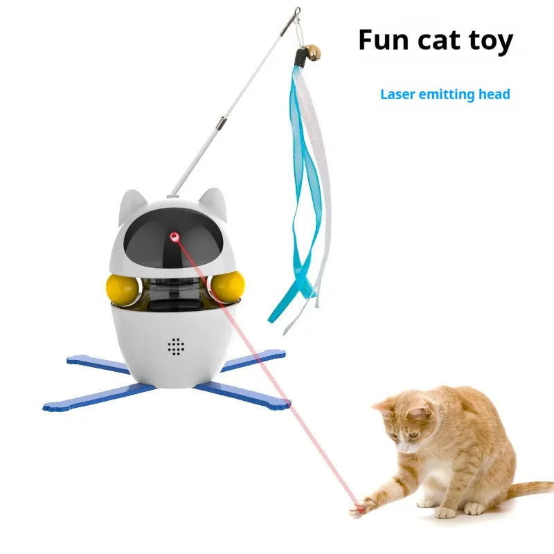 White automatic electronic cat toy with a moving wand, elastic rope, and dangling feathers on a floor.