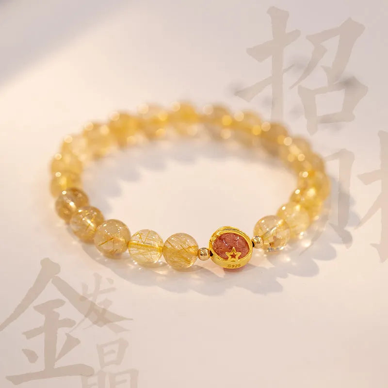 Citrine and gold rutilated quartz crystal bracelet with diamond-shaped beads in Korean style