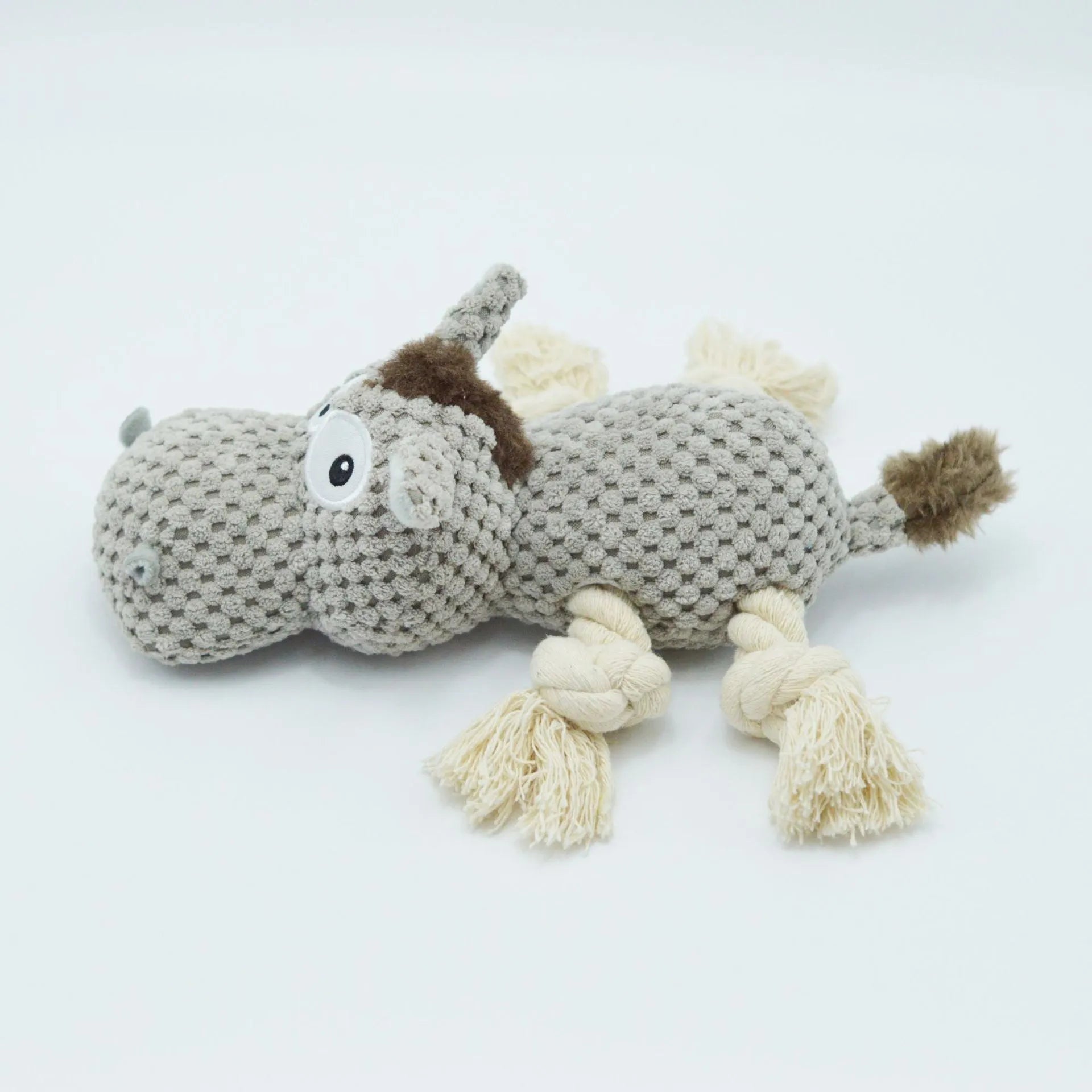 Grey donkey-shaped plush dog toy with creak sound mechanism measuring 27 cm long