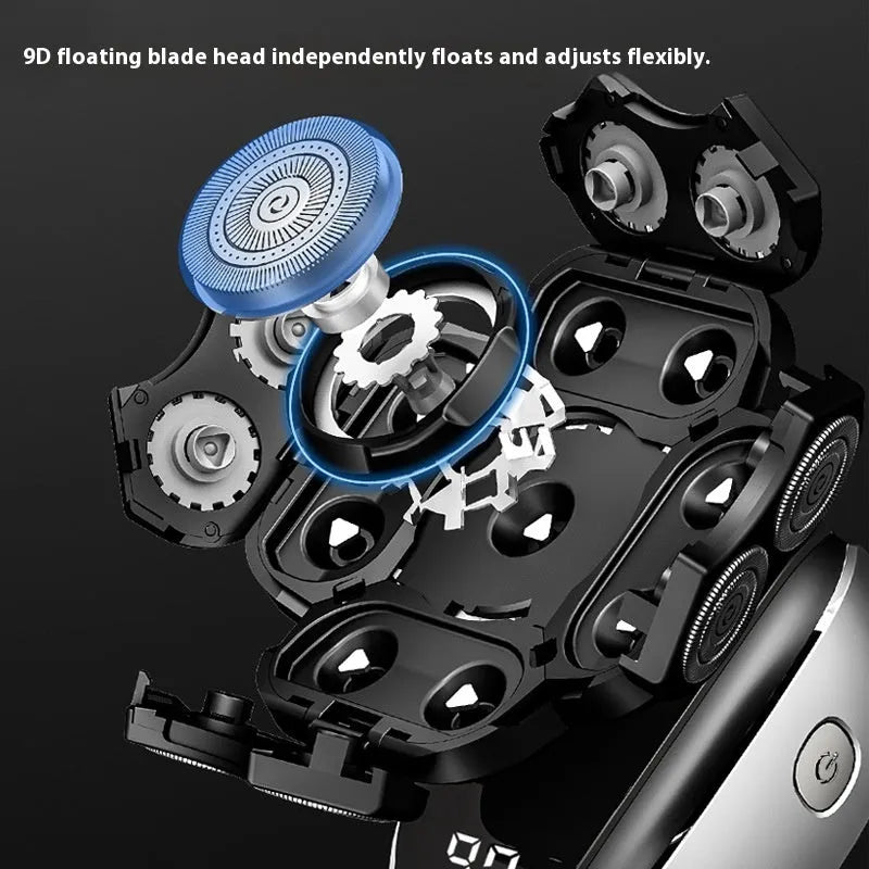Black 6-in-1 rechargeable hair clippers shaver with multiple grooming attachments including 9D shaving head and nose trimmer