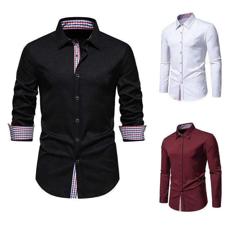 Men's loose fit plaid long sleeve casual shirt in wine red, black, or white.